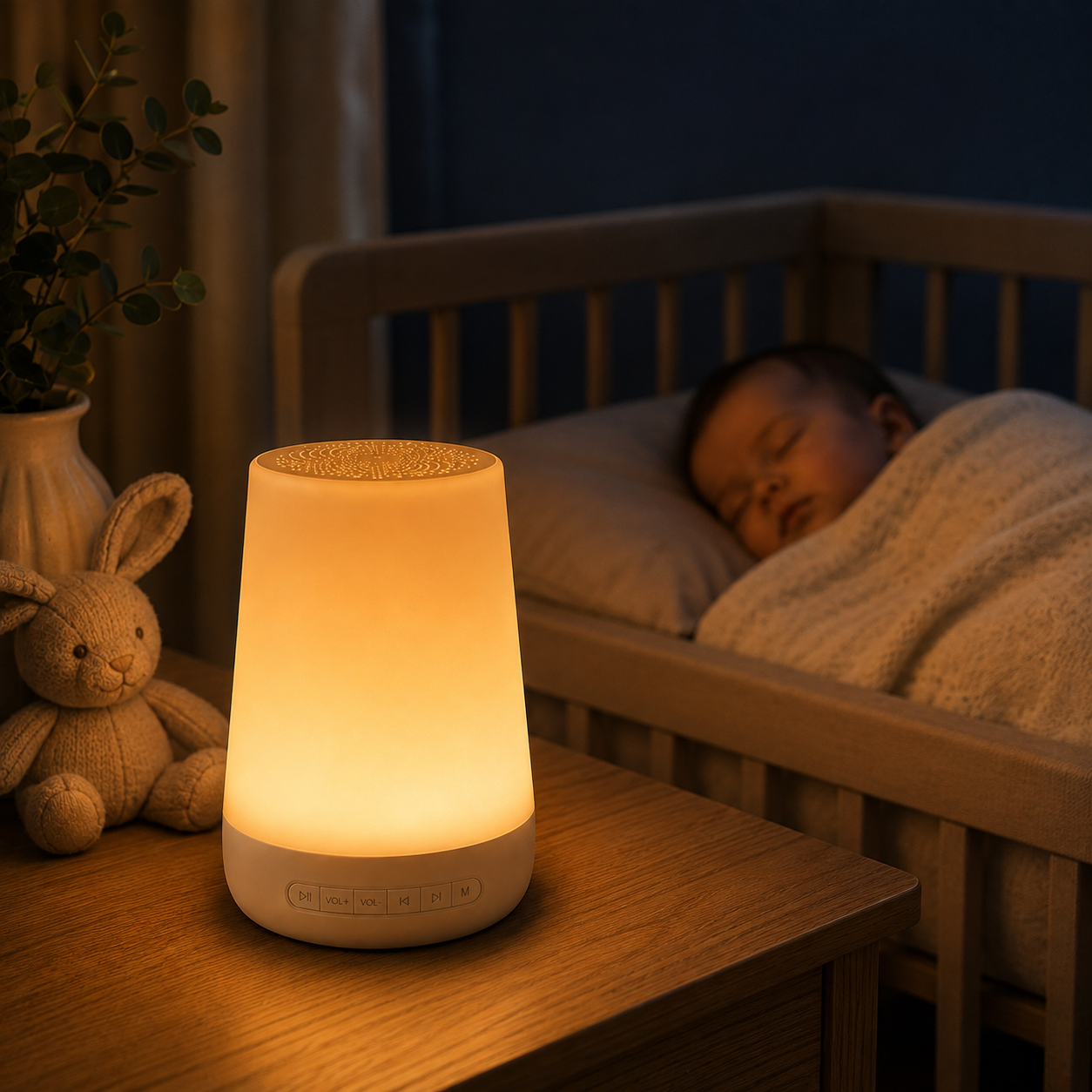 Vandori sleep machine glowing with a warm night light on a side table