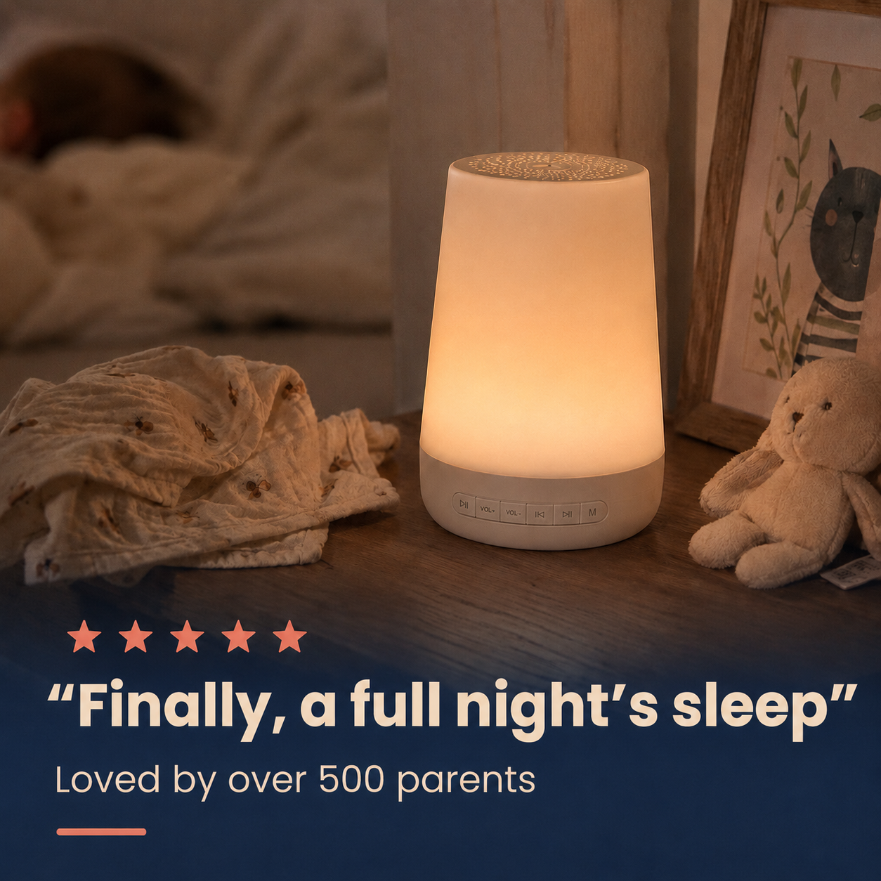 The Vandori Sleep Machine glowing on a nightstand in a nursery