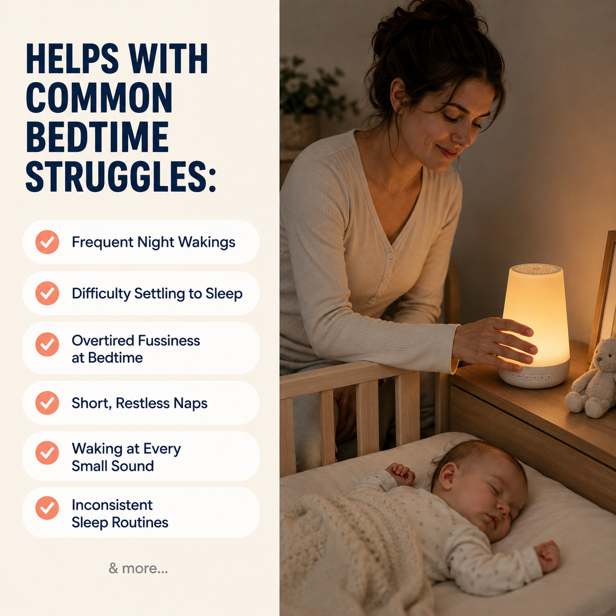Overview of common bedtime struggles the sleep machine helps with, alongside a parent settling a sleeping baby