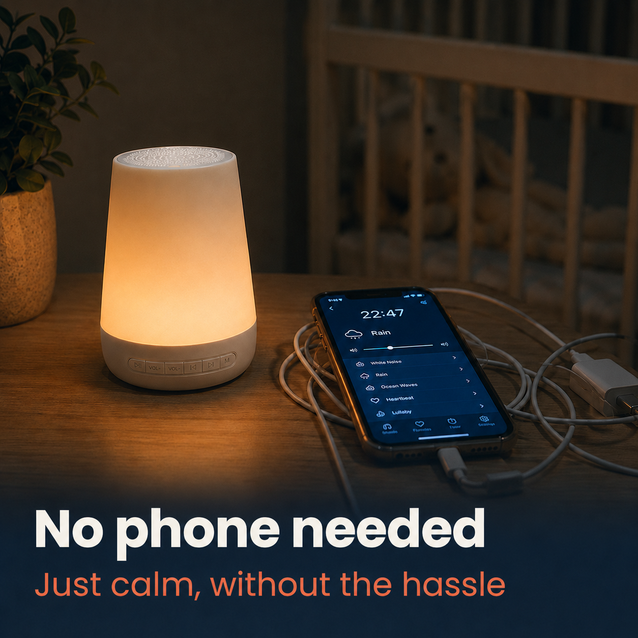 The sleep machine beside a phone tangled in cables — no phone needed