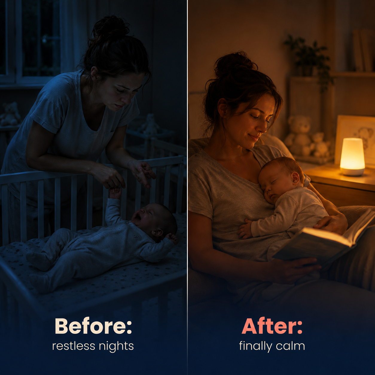 Before and after: restless nights compared with a calm baby asleep beside the night light