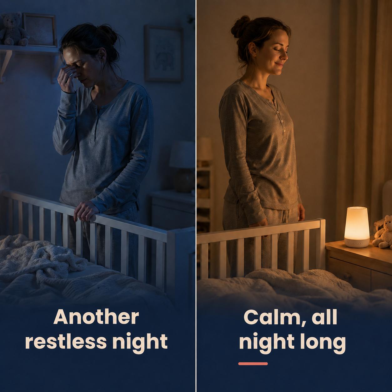 Side by side: a restless night versus a calm night with the sleep machine glowing softly
