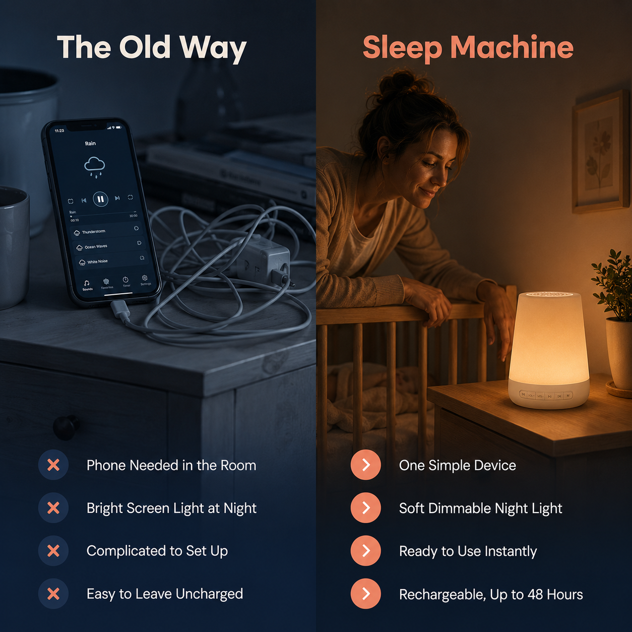 The old way with a phone and cables versus the simple Vandori Sleep Machine